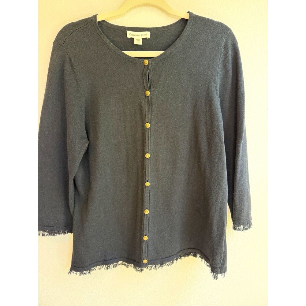 Coldwater Creek Black Solid Knit Round Neck Button Cardigan L